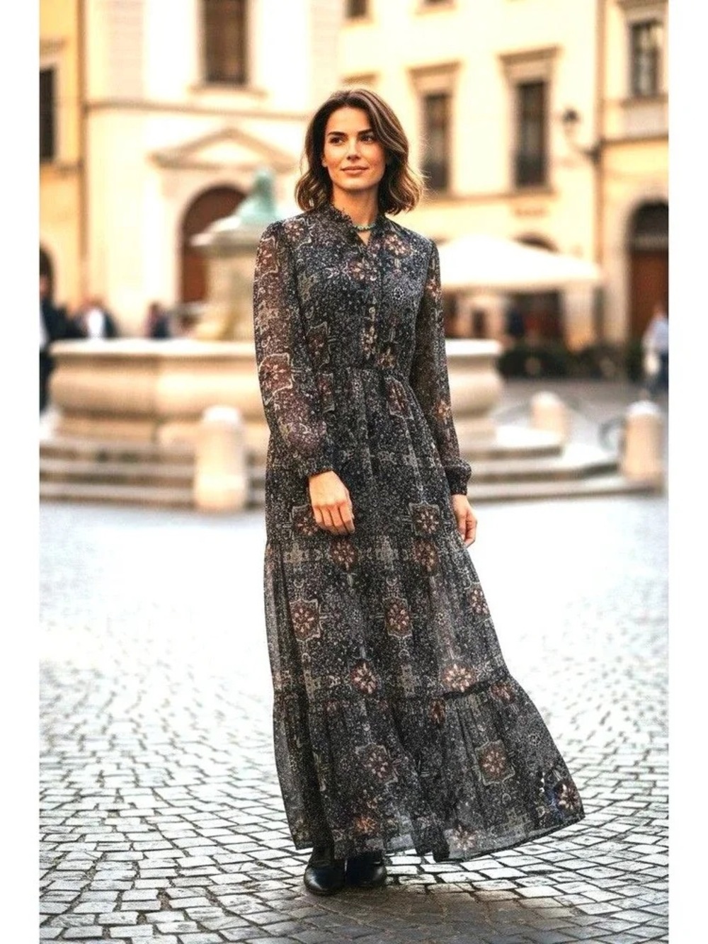 Xhilaration Charcoal Floral Long-Sleeve Tiered Maxi Dress